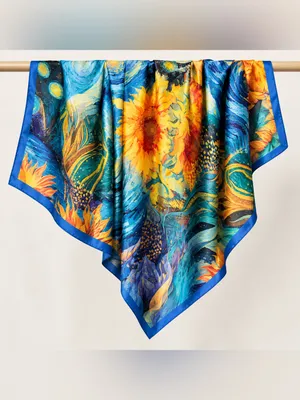 Van Gogh Inspired Starry Night Sunflower Scarf Blue Yellow Art Print Shawl thumbnail 4