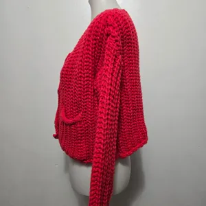 Chunky Knit Red Cropped Cardigan Gold Button Pockets Women Size M thumbnail 3