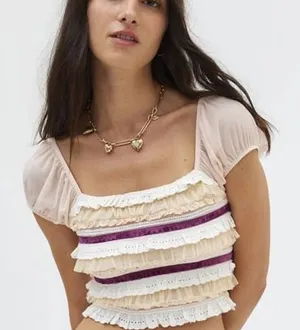 Kimchi Blue Ruffled Square-Neck Crop Top in Blush with Purple Accents thumbnail 1
