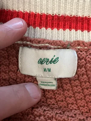 Aerie Cardigan Sweater Womens Medium Brown Waffle Knit V Neck Varsity 06 Pockets thumbnail 7