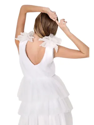 Sz L Lulus Dramatic Arrival White Tulle Tiered Surplice Mini Dress thumbnail 3