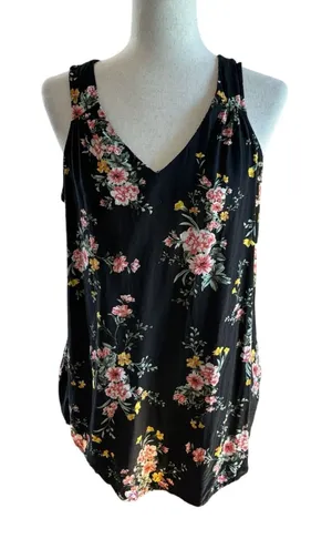 Old Navy Sleeveless Floral V-Neck Tank Top Black Pink Yellow Green M Tall thumbnail 1