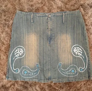 Vintage Y2K Revolt Jeans Co Embroidered Paisley Denim Mini Skirt Western Boho thumbnail 1