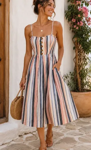 Free People Lilah Midi Dress S Striped Cotton Autumn Wedding Guest Boho thumbnail 1