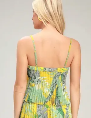 Lulus Chase the Sun Yellow Tropical Print Pleated Crop Top - M thumbnail 5