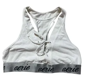Aerie Women's White Gray Tie Front Sports Bra Size Medium Racerback Logo Band‎ thumbnail 1