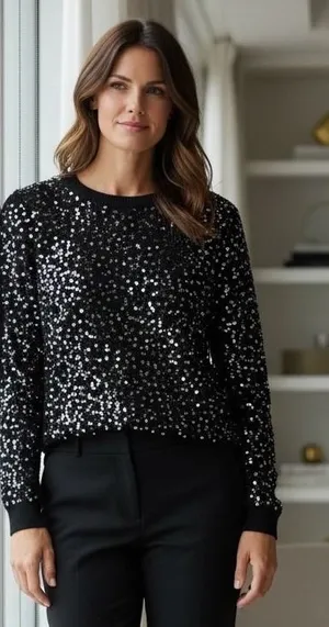 Alice + Olivia‎ Black Sequin Embellished Merino Wool Knit Sweater Party Small thumbnail 1