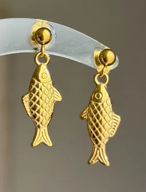 Handmade gold tone fully stainless steel fish simple earrings🌀🐟 thumbnail 1