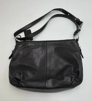 Genuine Leather Black Hobo Shoulder Bag White Stitching Crossbody Strap thumbnail 1