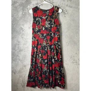 Floral Midi Dress Dark Romantic Cottagecore Vintage Inspired‎ Red Rose Flowy LG thumbnail 3