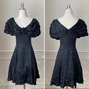 Vintage 80s 90s Off Shoulder Jacquard Short Dress Goth Black Green XS thumbnail 2