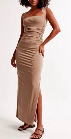 Abercrombie & Fitch Ava Knit Modal Blend Ruched Maxi Dress Taupe Small thumbnail 1