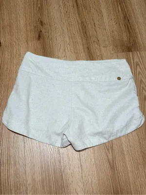 Women's Linen Blend Shorts Cream High Waisted Gold Button Dolphin Hem Size L thumbnail 2