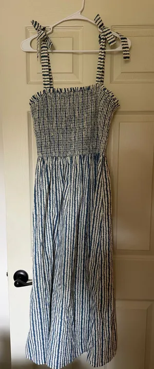 Bila Blue & White Smocked Tie Strap Midi Dress NWT thumbnail 1