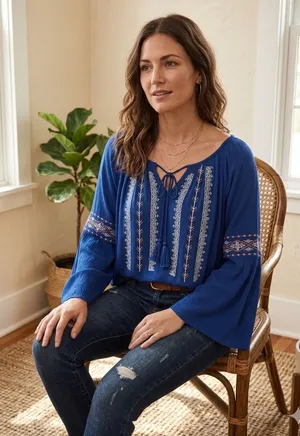 John Paul Richard Boho Peasant Aztec Embroidered Tassel Flutter Sleeve Top 2X. thumbnail 1