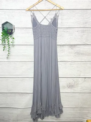 Free People Adella Crochet Lace Maxi Slip Dress in Light Gray Size Medium thumbnail 10