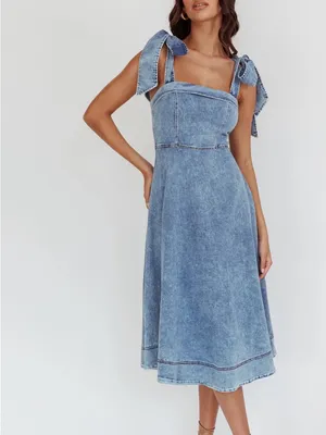 Selfie Leslie Jeanie Bow Shoulder Midi Dress Wash Denim Blue thumbnail 3