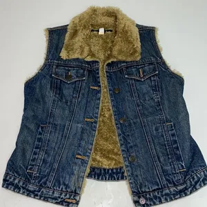 Y2k 00s Gap denim vest with faux fur‎ tan collar and lining Size M C25 thumbnail 2