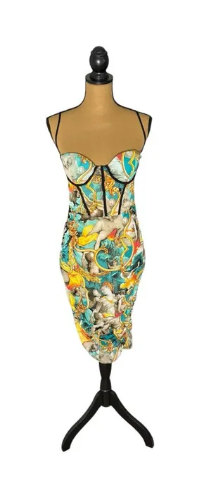 Mesh Corset Mini Dress M Baroque Cherub Art Print Ruched Bodycon thumbnail 1