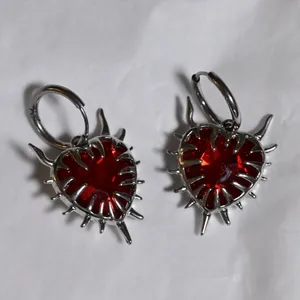 Silver and Red Heart Earrings goth tattoo flame flaming witchy drop cute gift thumbnail 2