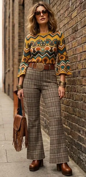 Abercrombie 70s Retro Plaid Flare Pants Vintage Revival Pull On Knit Trousers S thumbnail 1