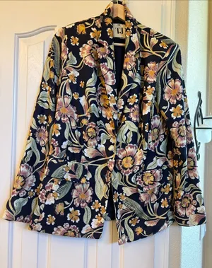 TJD Floral Blazer Jacket in Navy with Yellow & Pink Accents thumbnail 1