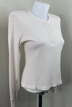 Loveshackfancy Thelia Waffle Knit Henley Top Cream Nude Color Sz XS thumbnail 1
