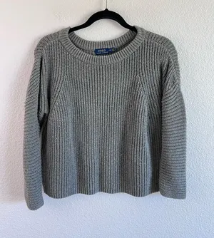 Polo Ralph Lauren Grey Boxy Ribbed Cropped Cotton Pullover Sweater Fisherman thumbnail 1