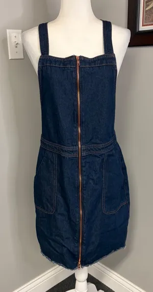 91:LTD Denim Pinafore Dress Dark Wash Rose Gold Zip Front Overall Mini Size 10 thumbnail 1