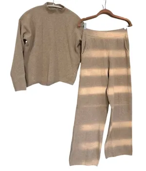 Qoza Boutique SET Cozy Knit Sweater Wide-Leg Pants Taupe Womens M 6-8 thumbnail 1