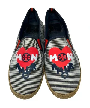 Tory Burch Mon Amour Navy Blue Red Stripe Heart Espadrille Flats‎ Size 10 thumbnail 1