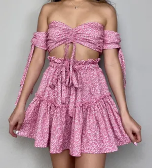 Rose Pink Floral Drawstring Off-The-Shoulder Crop-Top Paperbag Skirt Two-Piece Set thumbnail 1