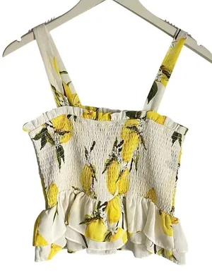 Aqua White Yellow Peplum Tank Top Smocked Lemons Novelty Prep Summer Vacation M‎ thumbnail 1