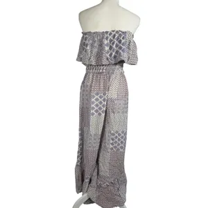 ILLA ILLA Patchwork Jumpsuit Womens L Blue Boho Off Shoulder Wide Leg Rayon thumbnail 10