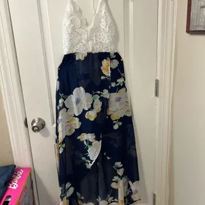 Lace Top Halter High Low Maxi Dress Womens Size Small Navy Blue Floral Wrap Skir thumbnail 2