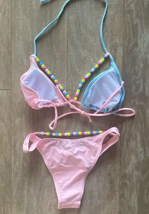Pastel baby pink blue triangle cut out bead bikini top bottom swimsuit set XS NEW thumbnail 4