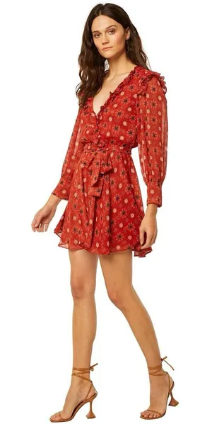 Misa Red ‘Veruka’ Long Sleeve Ruffle Mini Dress in Floral “Maravi Dots”, Size XS thumbnail 1