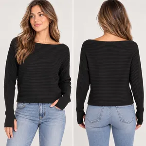 Bobi Black Ribbed Sweater Womens Medium Black Boatneck Thumbhole 34D-88527 thumbnail 2