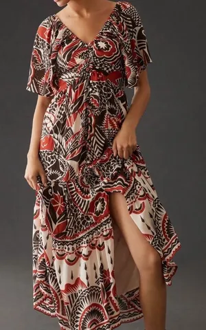 👗🌟Anthropologie Tiered Maxi Dress XS Boho Cutout Flutter Sleeve Red Black Print thumbnail 1