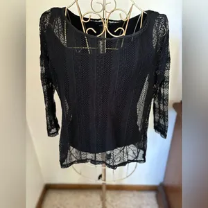 White House Black Market Black Lace Double Layer Long Sleeve Top Women's X-Small thumbnail 7