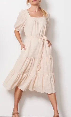 Evereve Carly Blush Cotton Tiered Midi Dress Puff Sleeve Cottage Size Large NWT thumbnail 1