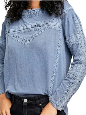 Free People Blue Oversized 100% Cotton Crochet Long Sleeve Shirt - Size - XS thumbnail 1