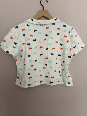Maeve Anthropologie Embroidered Bow Polo Crop Top Large thumbnail 3