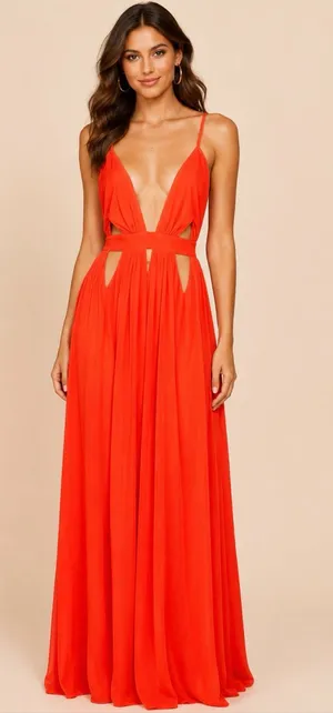 House of CB Ischia Orange Cutout Plunge Backless Maxi Dress M Goddess Resort thumbnail 1