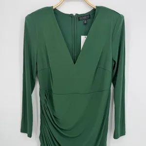 Eloquii Ruched V-Neck Sheath Dress 16 Green Long Sleeve Party Wedding Guest Chic thumbnail 3