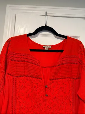 Lucky Brand Size XL Red Lace Boho Tunic Blouse 3/4 Sleeve Floral Peasant Top thumbnail 4