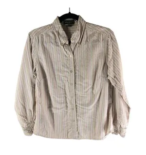 Eddie Bauer Womens Striped Button-Up Shirt 100% Cotton Long Sleeve White Pink S thumbnail 1