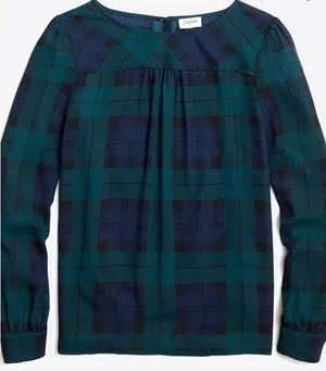 J.Crew Womens Black Watch Plaid Pleated Long Sleeve Blouse Green‎ Navy Blue M thumbnail 1