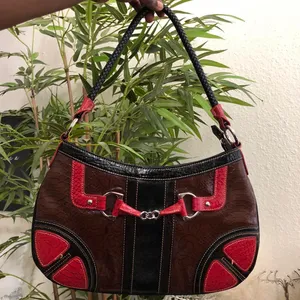 Unique 2000s Y2K Whimsygoth Brown black red leather patchwork shoulder hand bag purse silver tone buckle #gothic #grunge #western thumbnail 1
