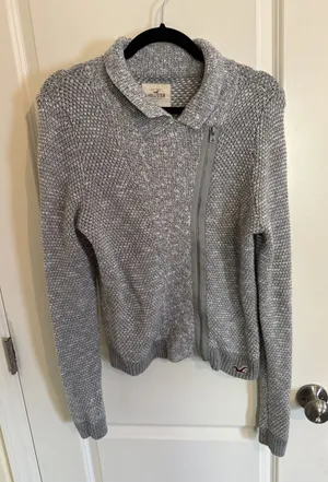 Hollister Jacket Women's Large Gray Knit Asymmetrical Zip Sweater Moto Style‎ thumbnail 1